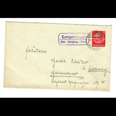 Brief mit Agenturstempel Langenhagen über Herzberg/Harz 1936 nach Hannover