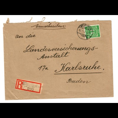Einschreiben Wertheim 1947 nach Karlsruhe