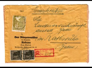 Einschreiben Robern, Marbach Baden-Land 1947 nach Karlsruhe, Päckchen