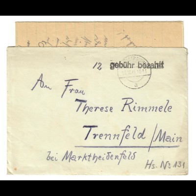 Brief 1945 Thüringersheim/Himmelstadt nach Trennfeld, Gebühr bezahlt