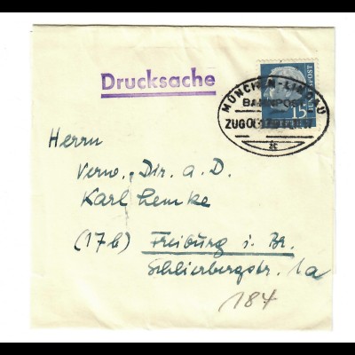 Streifband Lindau-Schachen Drucksache 1957, Bahnpost München-Lindau