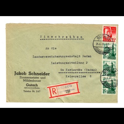 Einschreiben Gutach/Schwarzwaldbahn nach Karlsruhe 1948