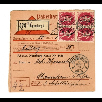 Nachnahme-Paketkarte Regensburg anch Huckelheim 1920