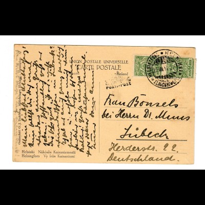 Post card Helsinki, 1914 to Lübeck/Germany, boat post - Pusti Post