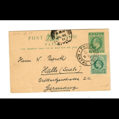 Natal: Post card 1911, Ennersdale to Halle/Germany