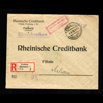Einschreiben Freiburg 1923, Gebühr bezahlt nach Achern