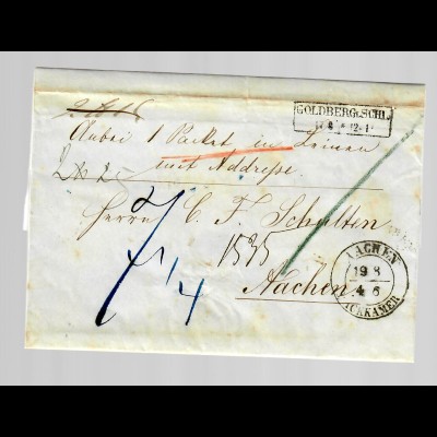 Paketbegleitbrief Goldberg/Schlesien nach Aachen 1854