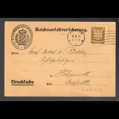 1926 Drucksache Postkarte PERFIN, München B-B-B nach Höhenroth