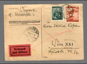 Postkarte Wien 8.11.46 als Rohrpost und Eilbote versandt