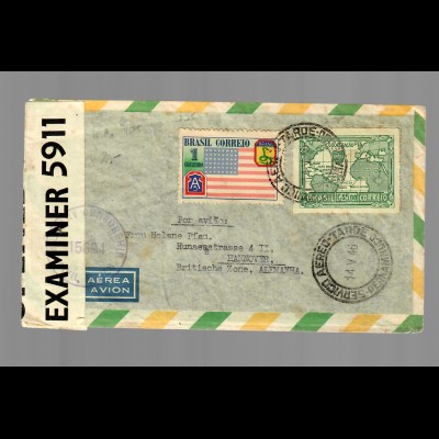 Brazil 1946 via air mail to Hannover, censor