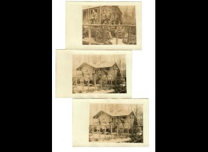 3x Foto Feldpostkarte: Soldaten vor Holz-Blockhaus