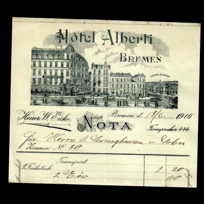 Hotel Alberti Rechnung Bremen 1916