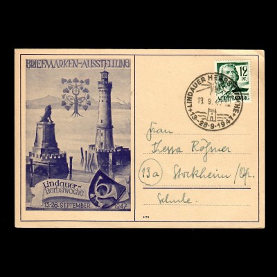 Postkarte Lindauer-Herbstwoche 1947 mit Sonderstempel nach Stockheim, Leuchtturm