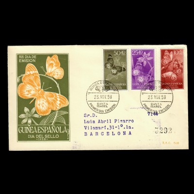 Santa Isabel 1958 FDC, Flowers and Papillion, butterfly to Barcelona