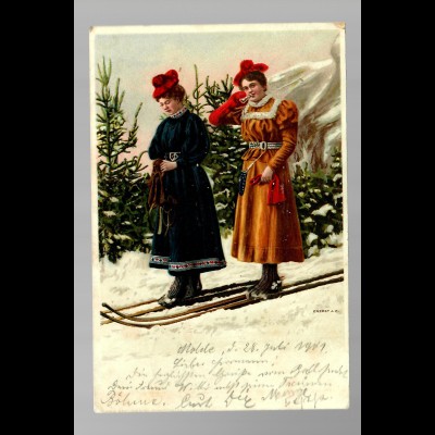 Ansichtskarte Ski-Fahrer 1901 von Molde nach Dresden