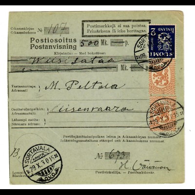 Postanweisung Sortavala nach Elisenvaara, 1930