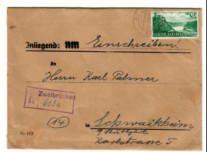 Einschreiben 1948 Zweibrücken nach Schwaikheim
