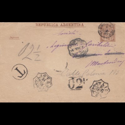Argentinien: 1890: Brief / Ganzsache nach Montevideo mit Taxe