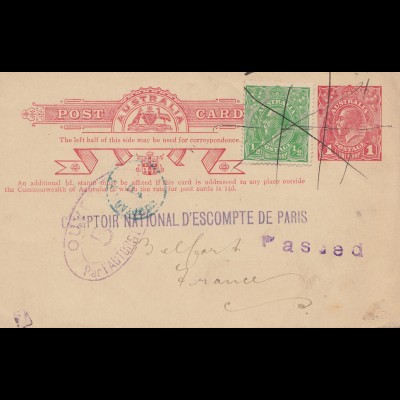Australien: 1919: Melbourne post card to Paris, censor, passed