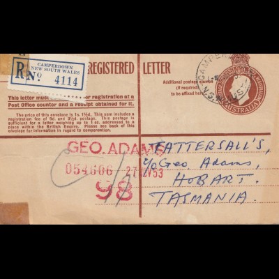 Australia 1953: Registered letter Camperdown NSW to Tasmania