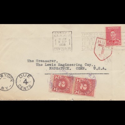 Australia 1938: Sydney to Naugatuck/USA, Due 4 Cents, Tax