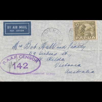 Papua 1941: Air Mail Port Mort to Victoria/Aus.- RAAF Censor-Concession Rates