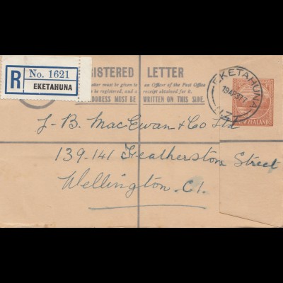 New Zealand: 1937: Registered letter Eketahuna to Wellington