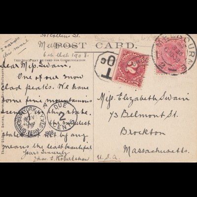 Australia 1908: postcard from Melbourne to USA, Taxe