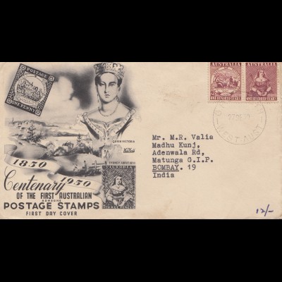 Australia: 1950: First Australian postage stamps centenary to Bombay/India