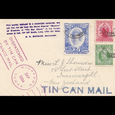 Tonga: 1934: Tin can Mail - Niuafoou to New Zealand