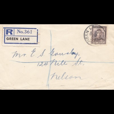 New Zealand 1938: Registered Green Lane to Nelson