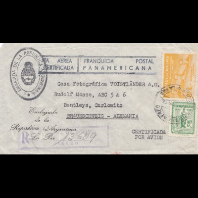 Bolivia/Bolivien: 1954 Embaiada de Argentina, registered to Braunschweig, La Paz