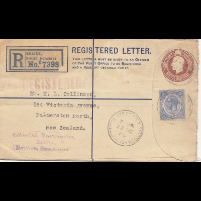 Honduras: 1925: Registered letter Belize to Zew Zealand - COlonial Postmaster