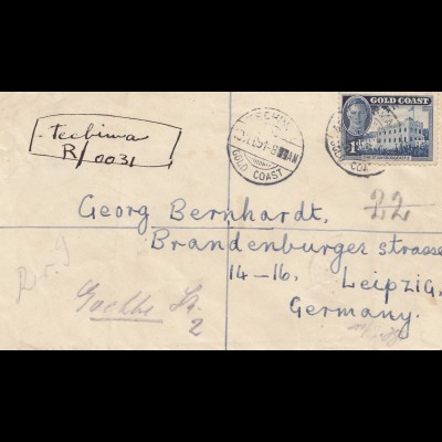 Gold Coast: 1951 Registered letter Teclima to Leipzig