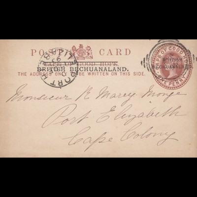 Cape of good hope: 1895: post card british Bechuanaland to Port Elizabeth