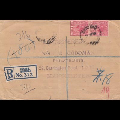 Bahamas: 1928 registered letter from Nassau to Manchester