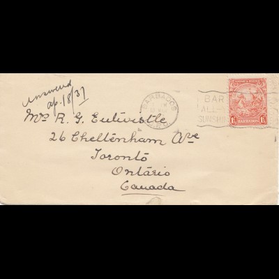 Barbados: 1937: letter to Ontario/Canada