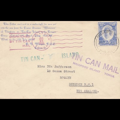 Toga: Tin can Mail - Blechdosenpost - to New Zealand 1936