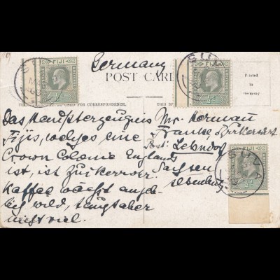 Fiji: 1908: post card Melbourne to Germany