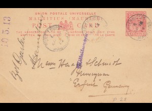 Mauritius: 1913: post card Port Louis to Erfurt/Germany