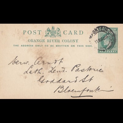 Orange River Colony: post card 1908 to Bloemfontein