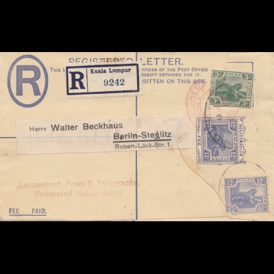 Malay: 1925: Registered Kuala Lumpur to Berlin