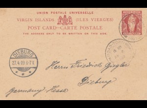 Virgin Islands: Road Town 1909 post card to Dieburg/Germany