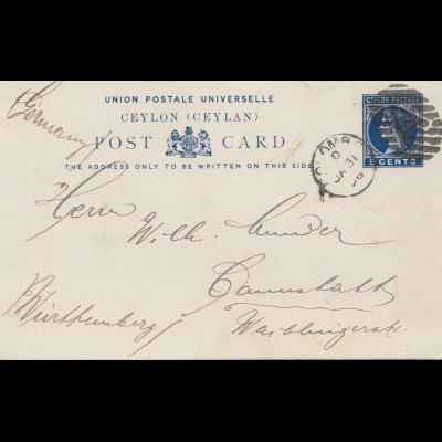 Ceylon: post card 1896 to Cannstatt/Germany