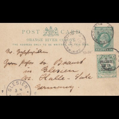 Orange River Colony: post card to Glesien 1903/Germany