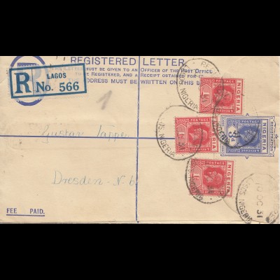 Nigeria: Registered letter Lagos 1931 to Dresden