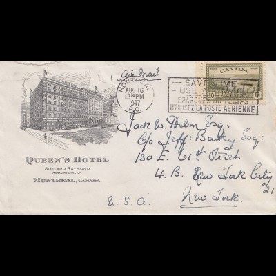 Canada: 1947: Montreal air mail to New York - Queens Hotel