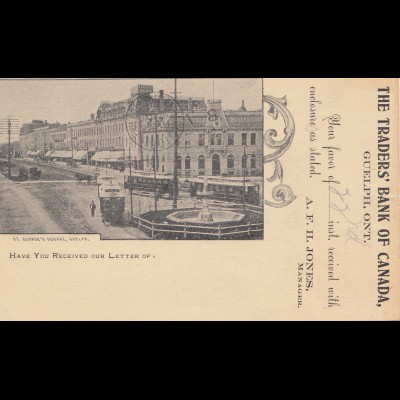 Canada: 1901: post card Guflph Traderes Bank to Philadelphia