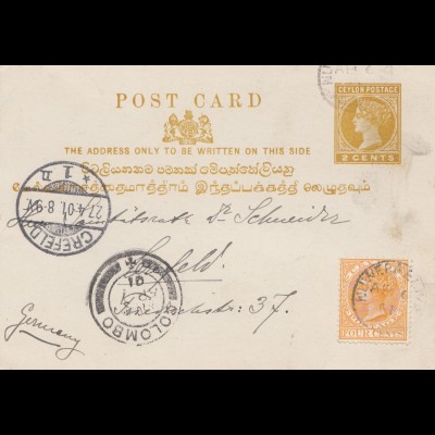 Ceylon: 1901: post card Colombo to Crefeld