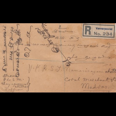 Ceylon: 1928: registered letter Vannarponnai to Madras